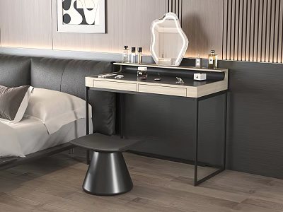 Modern Bedroom Interior Dressing Table With Decorative Mirror Skincare Bottles And Black Stool 3d model