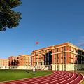 Red Brick School Building With Modern Main Entrance And Water Reflection Surrounding Trees