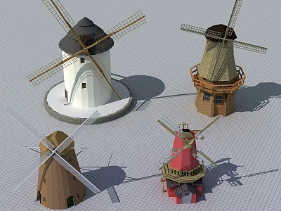 Commercial Equipment Windmill Models Featuring White Brown Red And Wooden Structures 3d model