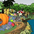 Scenic Garden Recreational Area With River Bridge Slide Pumpkin Shaped Structure Green Trees And Flowers