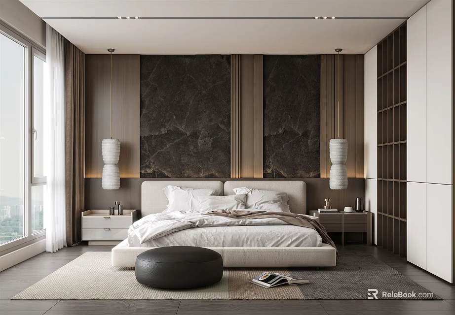 Modern Bedroom Interior With Marble Wall Panels Bedside Tables Table Lamps And Ottoman 3d model 