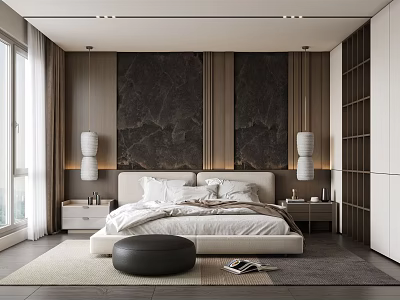 Modern Bedroom Interior With Marble Wall Panels Bedside Tables Table Lamps And Ottoman 3d model