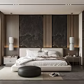 Modern Bedroom Interior With Marble Wall Panels Bedside Tables Table Lamps And Ottoman
