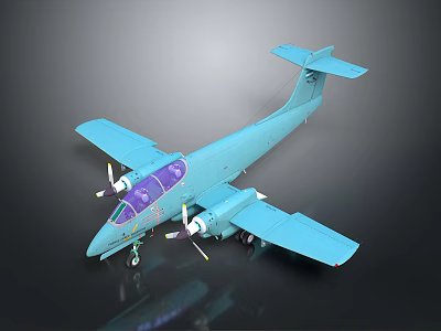 Light Blue Aerospace Model Aircraft Featuring Twin Propellers And Purple Transparent Cockpit On Dark Background 3d model