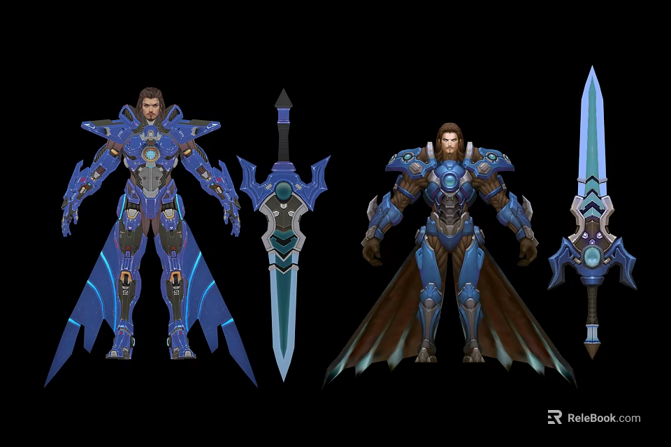Two Futuristic Characters In Blue Armor With Wing Designs And Blue Swords 3d model 