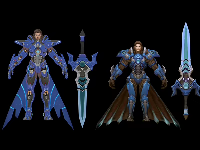 Two Futuristic Characters In Blue Armor With Wing Designs And Blue Swords 3d model