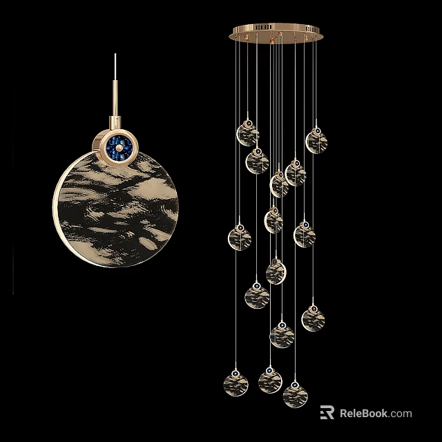 Elegant Modern Round Chandelier With Gold Frame Black Pattern Blue Accent And Hanging Pendants 3d model 