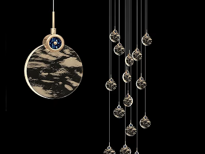 Elegant Modern Round Chandelier With Gold Frame Black Pattern Blue Accent And Hanging Pendants 3d model
