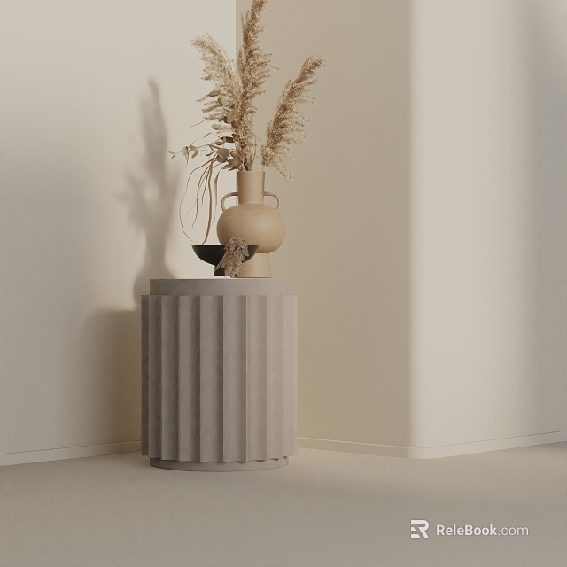 Modern Gray Fluted Side Table With Vase And Dried Plants Decoration 3d model 