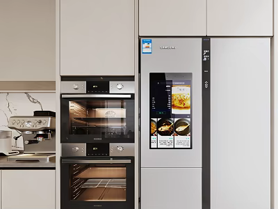 Modern Kitchen Interior With Stainless Steel Refrigerator Built-in Oven And White Cabinets 3d model