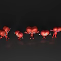 Five Red Heart Shaped Game Movie Characters With Smiling Faces Standing Poses Black Background Reflections
