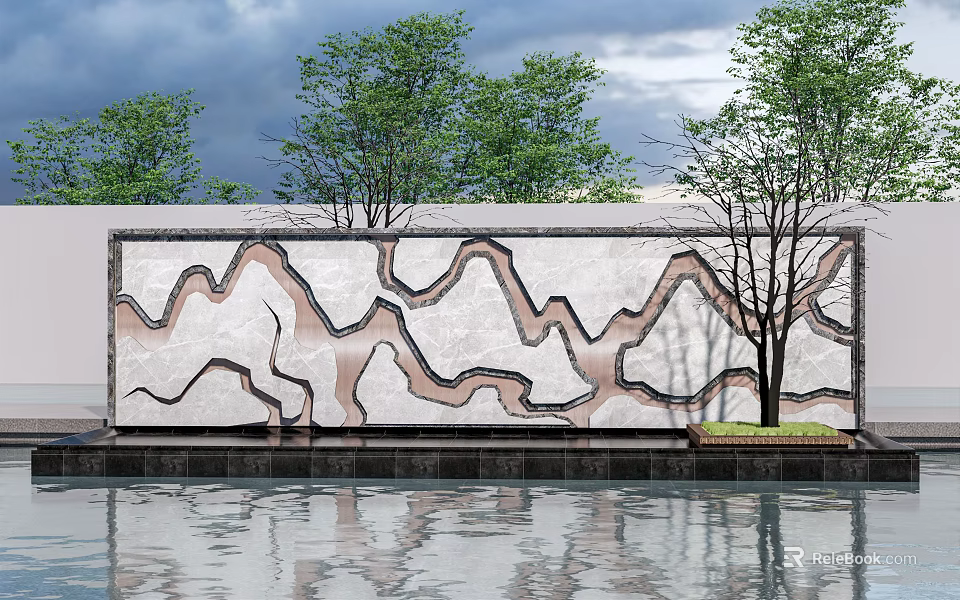 Modern Stone Scenic Wall With Mountain Like Texture Surrounded By Trees And Water Reflection 3d model 