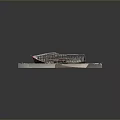 Detailed Model Boat Display On Light Colored Base With Green Plants And Red Structures