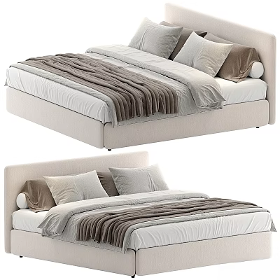 Modern Double Bed With Beige Upholstered Headboard Gray Pillows And Soft White Blanket 3d model