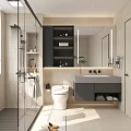 Modern Bathroom Interior With Glass Shower Toilet Vanity Mirror And Cabinets