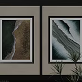 Abstract Paintings Wall Decor With Ocean Wave Patterns Black Frames LED Lights And Green Plants