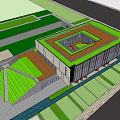 Modern School Building with Glass Curtain Wall and Open Design People Nearby and Blue Car