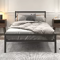 Modern Double Bed With Metal Frame Cozy Bedding Pillows And Nightstand Lamp