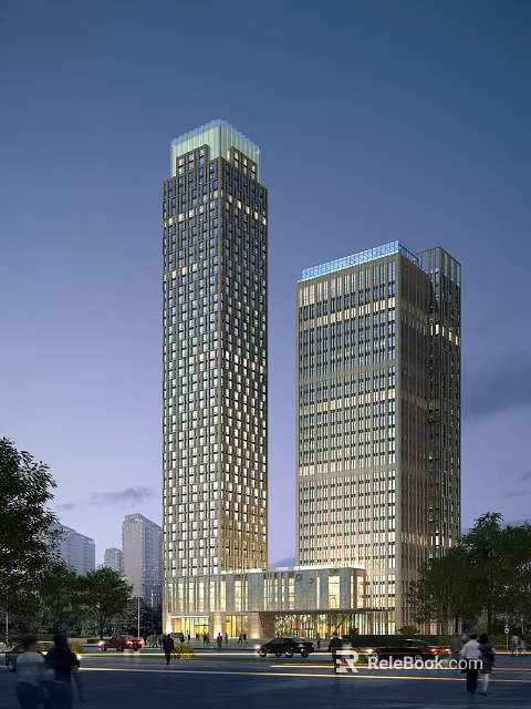 Two Modern Tall Office Towers With Glass Curtain Walls And Evening Lighting 3d model 