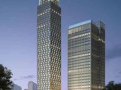 Two Modern Tall Office Towers With Glass Curtain Walls And Evening Lighting 3d model