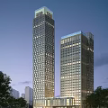 Two Modern Tall Office Towers With Glass Curtain Walls And Evening Lighting