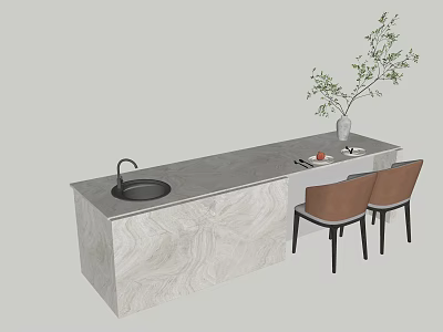 Modern Bar Counter With Marble Top Sink Chairs And Potted Plant 3d model