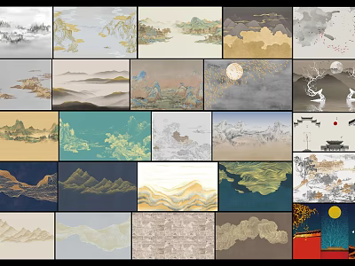 Traditional Chinese Landscape Paintings With Mountain Water Moon Clouds And Vintage Artwork 3d model