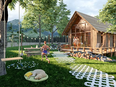 Scenic Wooden Cabin Surrounded by Trees with Lawn Swing Dog and People Enjoying Outdoor Life 3d model
