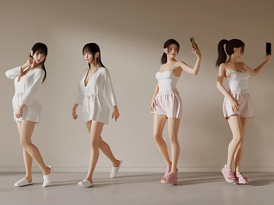 Four Women Show Fashion Outfits While Taking Selfies 3d model