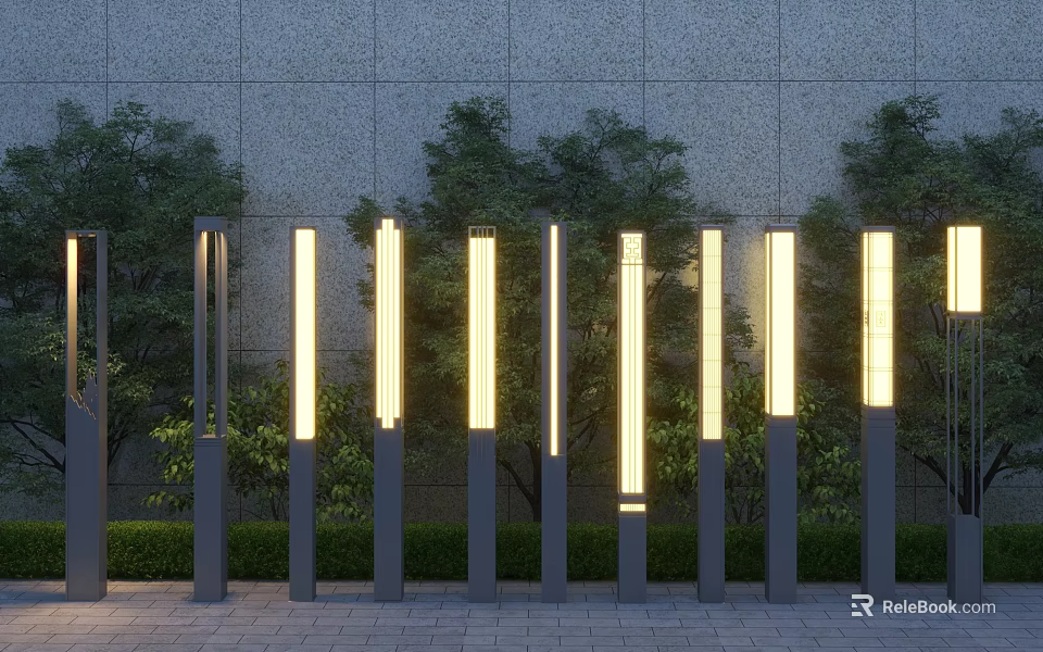 Tall Slim Outdoor Lights with Warm Yellow Illumination Against Gray Wall and Green Trees Shrubs 3d model 