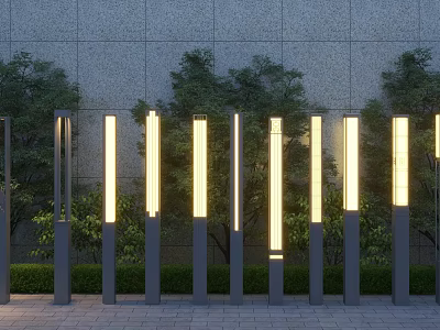 Tall Slim Outdoor Lights with Warm Yellow Illumination Against Gray Wall and Green Trees Shrubs 3d model