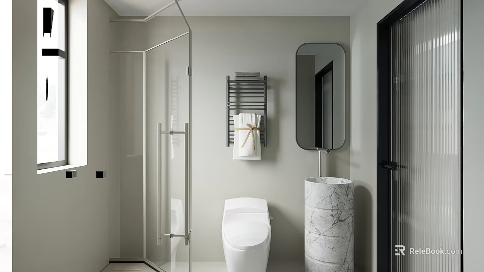 Modern Bathroom Interior With Glass Shower Enclosure White Toilet Marble Sink Mirror And Towel Rack 3d model 