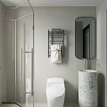 Modern Bathroom Interior With Glass Shower Enclosure White Toilet Marble Sink Mirror And Towel Rack