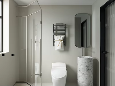 Modern Bathroom Interior With Glass Shower Enclosure White Toilet Marble Sink Mirror And Towel Rack 3d model