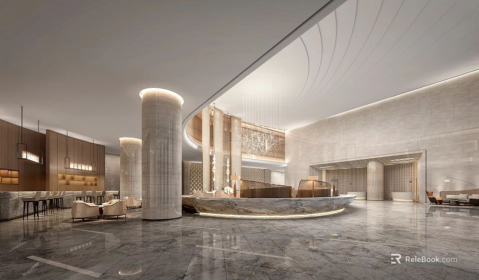 Elegant Modern Hotel Lobby Interior With Reception Desk Chandelier And Marble Floor 3d model 