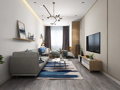 Modern Apartment Living Room With Grey Sofa Coffee Table Blue Rug Window Curtains And TV 3d model