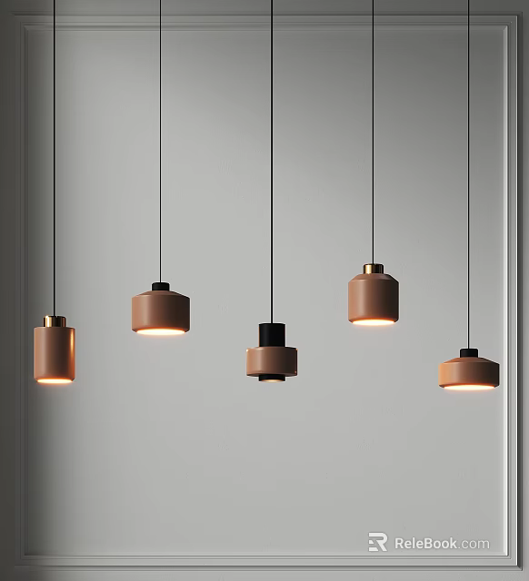 Five Modern Copper Chandeliers With Minimalist Cylindrical Shades For Interior Ceiling Decoration 3d model 