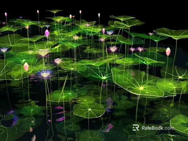 Garden Landscape With Green Lily Pads And Pink Purple Lotus Flowers On Water Surface 3d model 