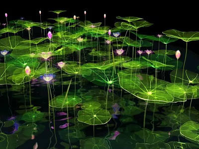 Garden Landscape With Green Lily Pads And Pink Purple Lotus Flowers On Water Surface 3d model
