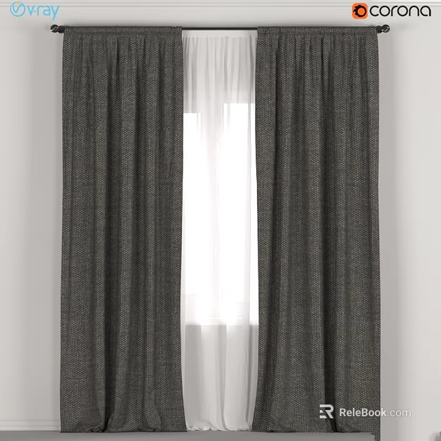 Textured Gray Curtain With White Sheer For Modern Home Window Decoration 3d model 