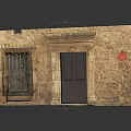 Traditional Stone Building Exterior With Wooden Door Iron Grilled Window And Red Circular Sign