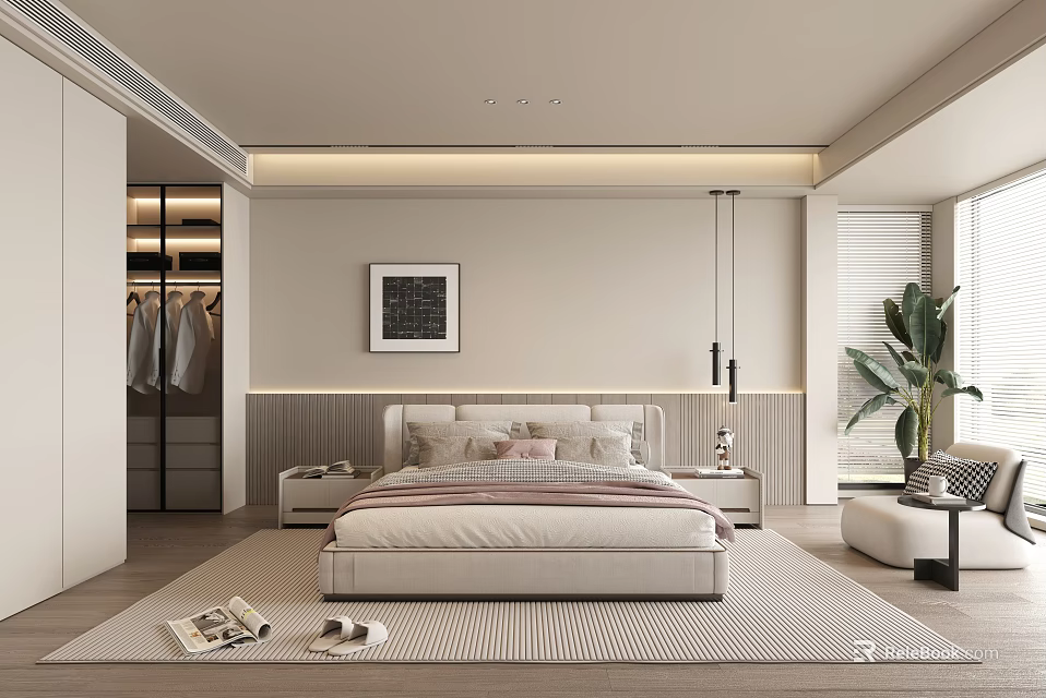 Modern Bedroom Interior With Platform Bed Built-in Wardrobe Framed Art Soft Rug And Potted Plant 3d model 