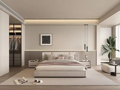 Modern Bedroom Interior With Platform Bed Built-in Wardrobe Framed Art Soft Rug And Potted Plant 3d model