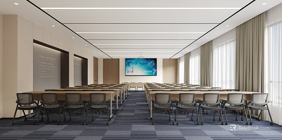 Modern Conference Room Interior Design With Arranged Tables Chairs Large Screen Windows And Curtains 3d model 