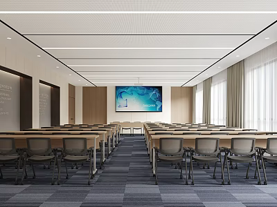 Modern Conference Room Interior Design With Arranged Tables Chairs Large Screen Windows And Curtains 3d model