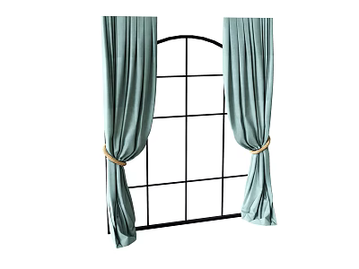 Light Blue Fabric Curtains Hanging on Arch Window Tied with Rope 3d model
