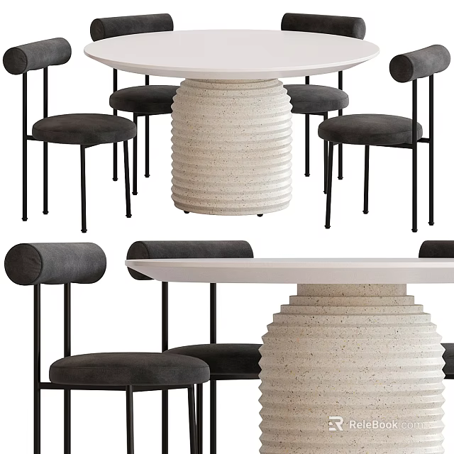 Modern Dining Table Set With White Textured Base And Black Upholstered Chairs 3d model