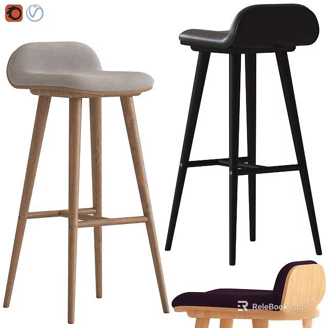 Light Wooden Stools With Upholstered Seat And Black High Metal Leg Stools 3d model 