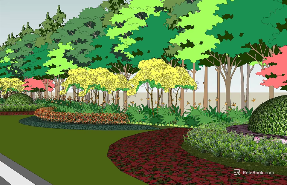 Colorful Flowering Shrubs In Garden Landscape With Green Lawn And Red Path 3d model 
