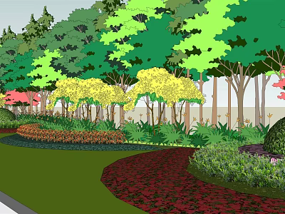 Colorful Flowering Shrubs In Garden Landscape With Green Lawn And Red Path 3d model
